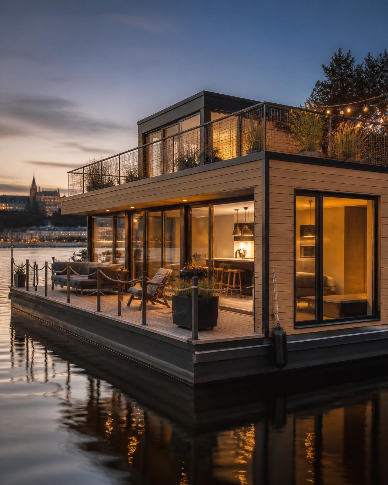 Moderní houseboat na Vltavě v Praze za soumraku